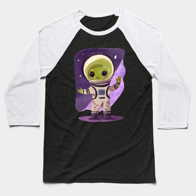 Cute Watercolor Space Alien Astronaut Baseball T-Shirt by FarmOfCuties